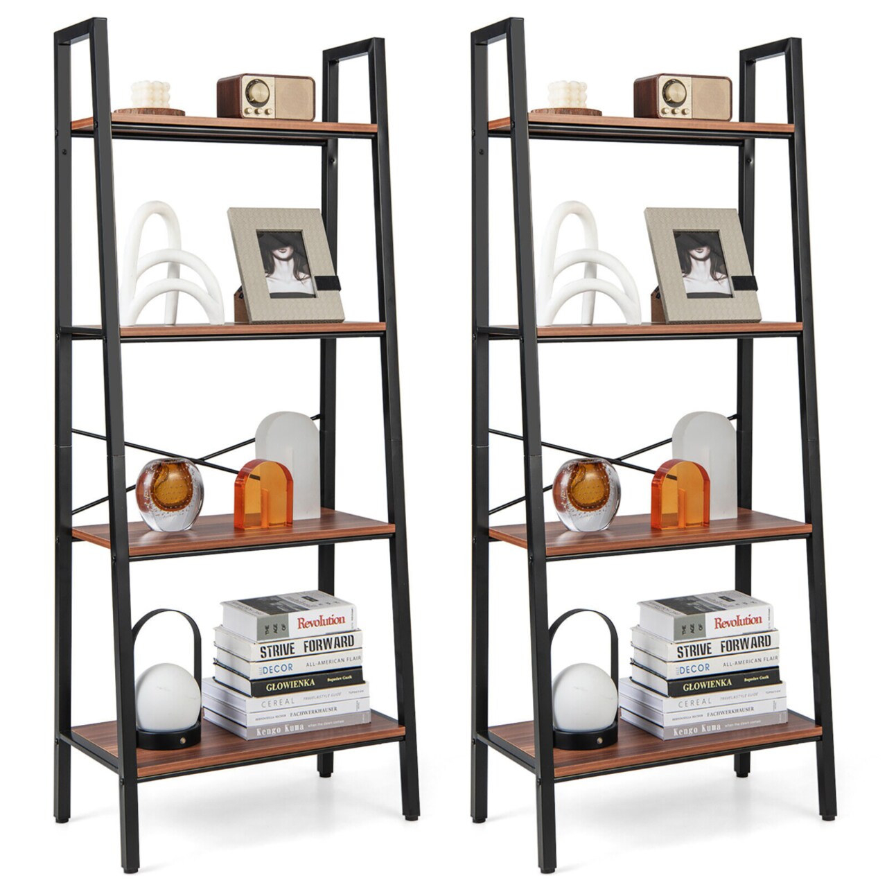 Gymax 2PCS 4 Tier Bookcase Open Rustic Bookshelf Multipurpose Industrial Storage Shelf